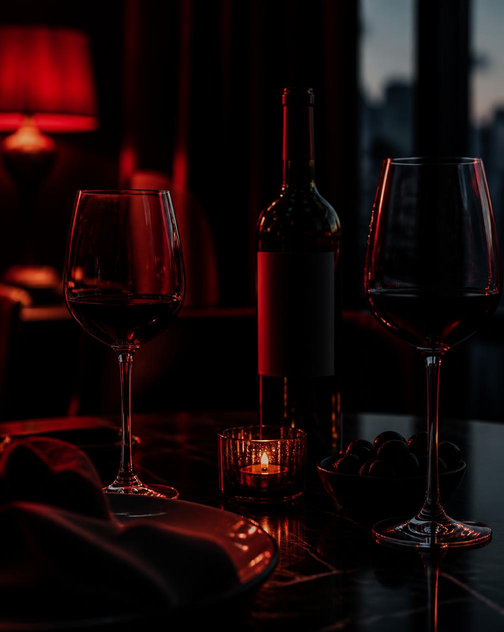 Tavolo notturno con calici e bottiglia di vino