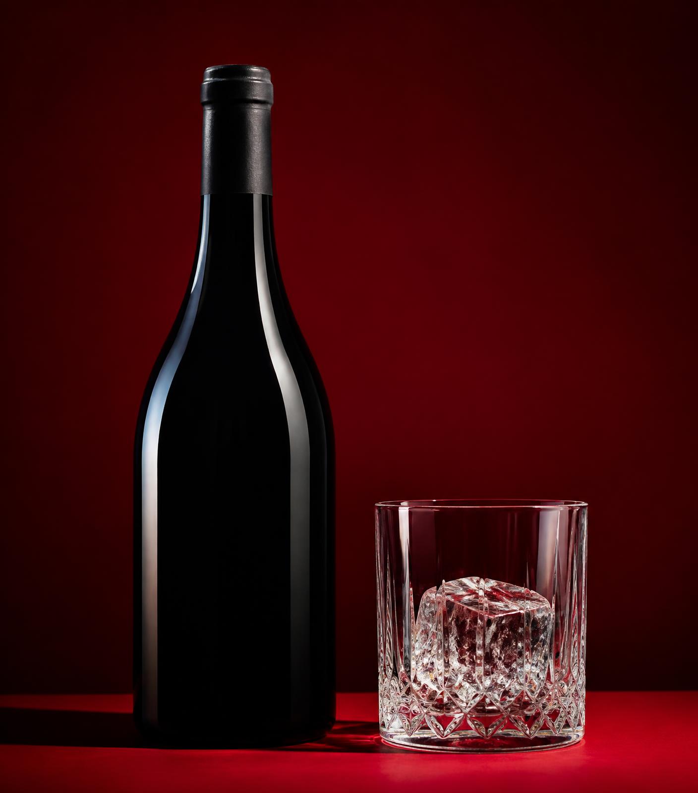Bottiglia di vino e bicchiere con ghiaccio su fondo bordeaux